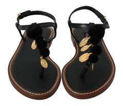 Dolce & Gabbana Black Leather Coins Flip Flops Sandals Shoes - EU35/US4.5 - Sandals