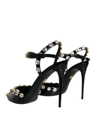 Dolce & Gabbana Black Leather Crystal Ankle Strap Sandals Shoes - EU39/US8.5