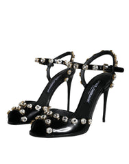 Dolce & Gabbana Black Leather Crystal Ankle Strap Sandals Shoes - EU39/US8.5