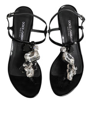 Dolce & Gabbana Black Leather Crystal Ankle Strap Sandals Shoes - Sandals
