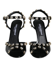 Dolce & Gabbana Black Leather Crystal Ankle Strap Sandals Shoes - EU39/US8.5