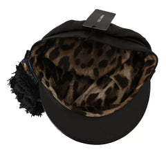 Dolce & Gabbana Black Leather Crystal Beads Gold Ribbon Fiddler Cap - 56 cm|XS - Hats