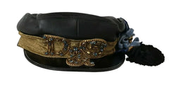 Dolce & Gabbana Black Leather Crystal Beads Gold Ribbon Fiddler Cap - 56 cm|XS - Hats