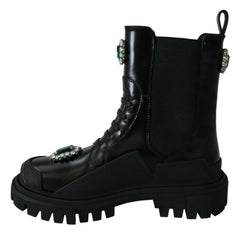 Dolce & Gabbana Black Leather Crystal Combat Boots - EU35/US4.5 - Boots
