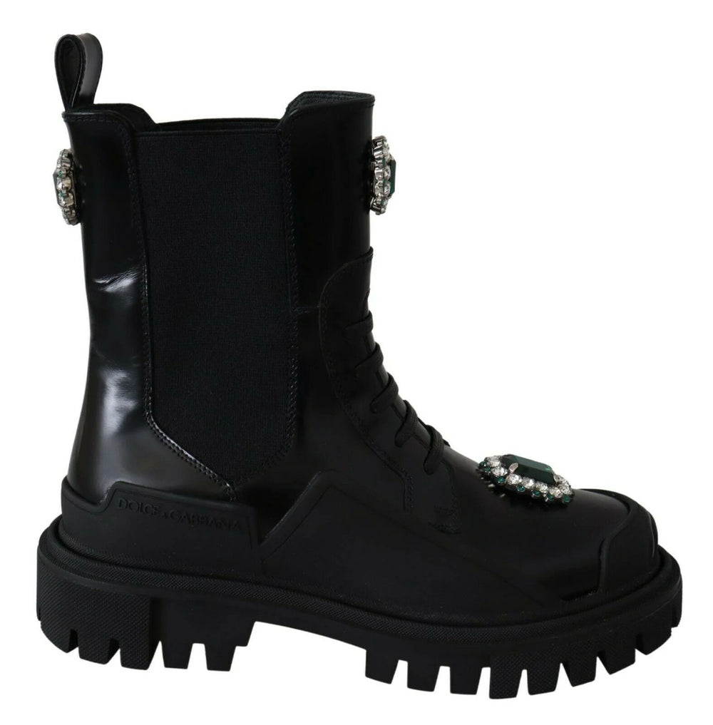 Dolce & Gabbana Black Leather Crystal Combat Boots - EU35/US4.5 - Boots