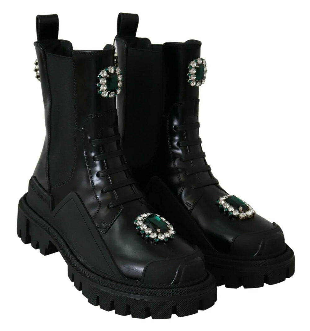Dolce & Gabbana Black Leather Crystal Combat Boots - EU35/US4.5