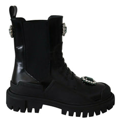 Dolce & Gabbana Black Leather Crystal Combat Boots - EU35/US4.5