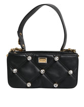 Dolce & Gabbana Black Leather Crystal Embellished Logo Shoulder Bag - Shoulder Bags