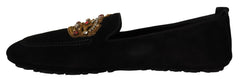 Dolce & Gabbana Black Leather Crystal Gold Crown Loafers Shoes - EU39/US6