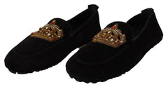 Dolce & Gabbana Black Leather Crystal Gold Crown Loafers Shoes - EU39/US6