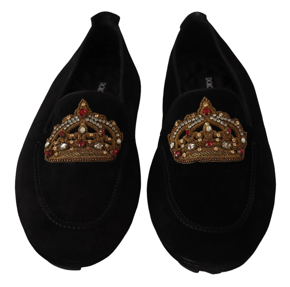 Dolce & Gabbana Black Leather Crystal Gold Crown Loafers Shoes - EU39/US6