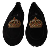 Sapatos Mocassim Dolce & Gabbana Pretos em Pele com Cristais Dourados e Coroa - EU39/US6