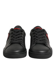 Dolce & Gabbana Black Leather Crystal Heart Low Top Sneakers Shoes - Sneakers
