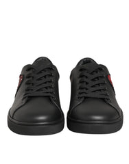 Dolce & Gabbana Black Leather Crystal Heart Sneakers Shoes - Sneakers