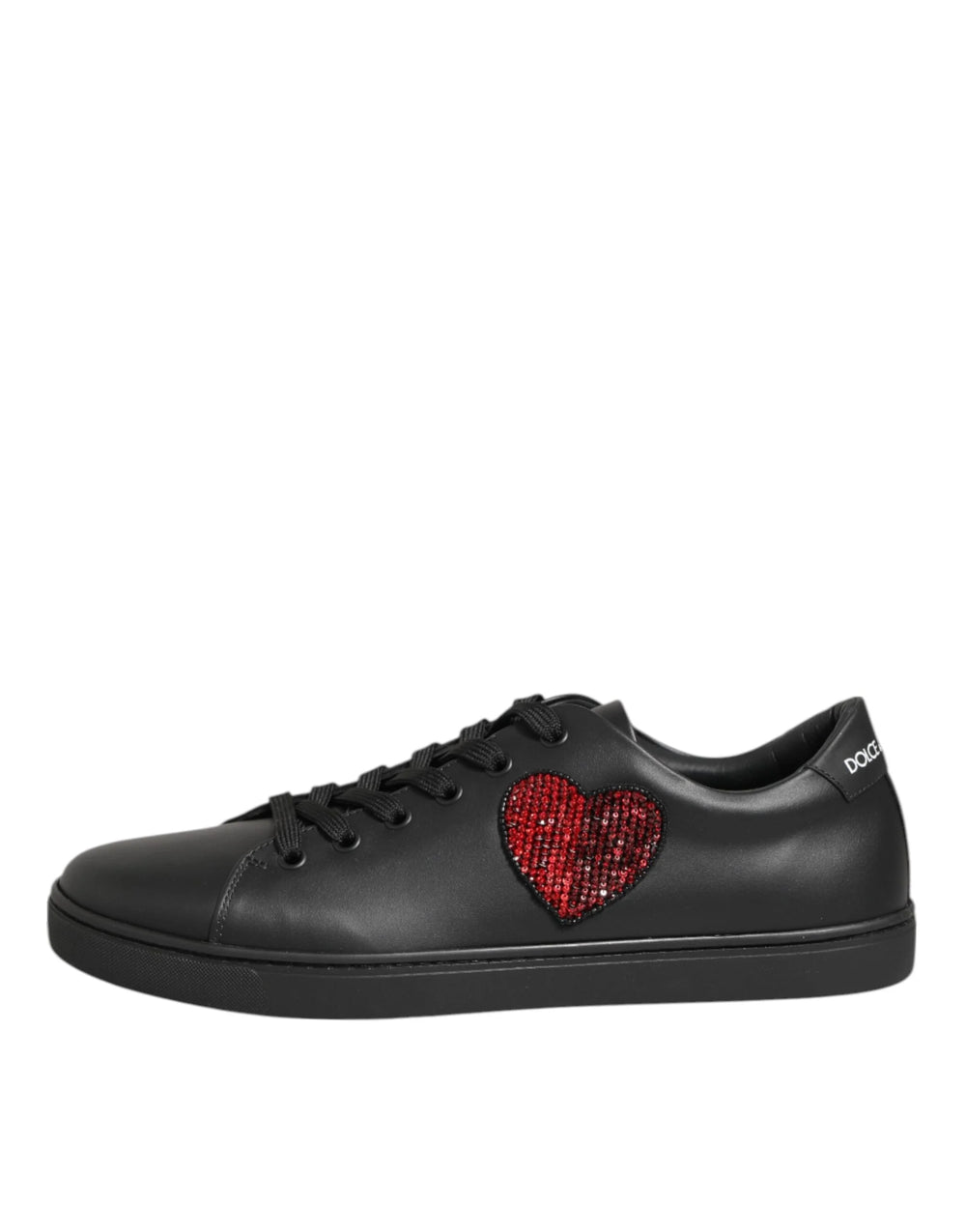 Dolce & Gabbana Black Leather Crystal Heart Sneakers Shoes - Sneakers