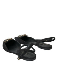 Dolce & Gabbana Black Leather Crystal Slingback Sandals Shoes - EU38/US7.5 - Flats