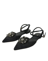 Dolce & Gabbana Black Leather Crystal Slingback Sandals Shoes - EU38/US7.5 - Flats