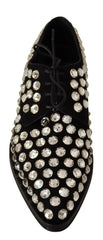 Dolce & Gabbana Black Leather Crystals Lace Up Formal Shoes - Flats