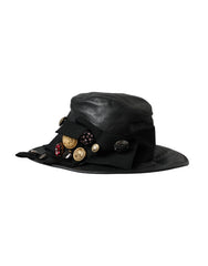 Dolce & Gabbana Black Leather DG Coin Crystal Wide Brim Hat - 57 cm|S - Hats