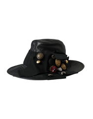 Dolce & Gabbana Black Leather DG Coin Crystal Wide Brim Hat - 57 cm|S - Hats