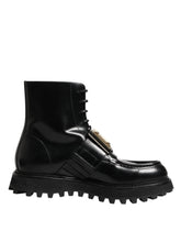 Dolce & Gabbana Black Leather DG Plaque Lace Up Boots Shoes - EU44/US11