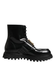 Dolce & Gabbana Black Leather DG Plaque Lace Up Boots Shoes - EU44/US11