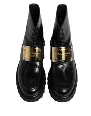 Dolce & Gabbana Black Leather DG Plaque Lace Up Boots Shoes - EU44/US11