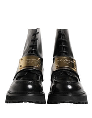 Dolce & Gabbana Black Leather DG Plaque Lace Up Boots Shoes - EU44/US11