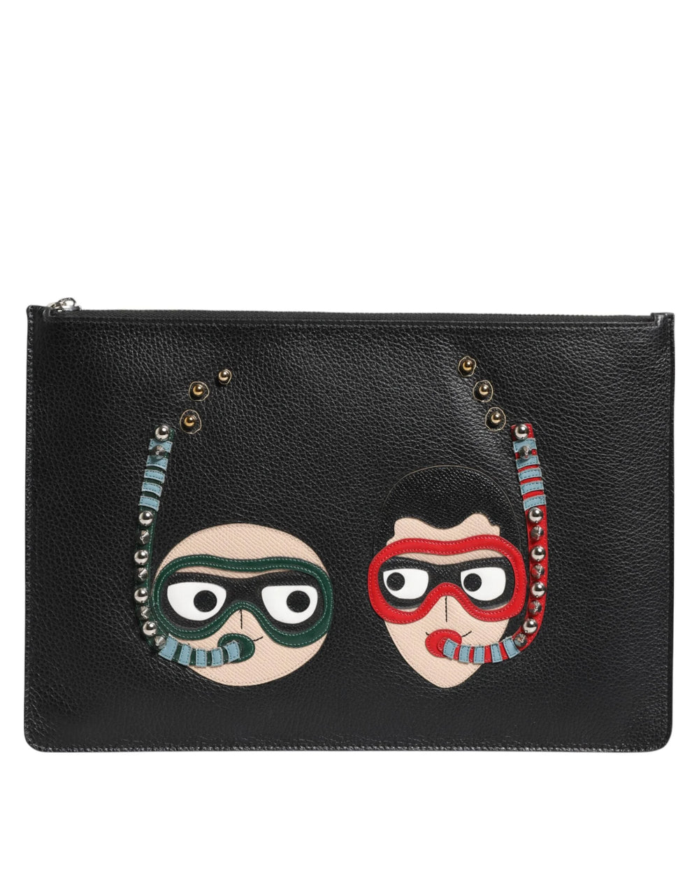 Dolce & Gabbana Black Leather #DGFAMILY Embellished Men Clutch Pouch Bag - Clutch Bags