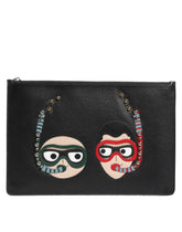 Dolce & Gabbana Black Leather #DGFAMILY Embellished Men Clutch Pouch Bag - Clutch Bags