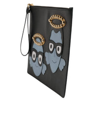Dolce & Gabbana Black Leather #DGFAMILY Embellished Men Zip Pouch Bag - Clutch Bags