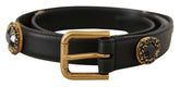 Dolce & Gabbana Black Leather Embellished Crystal Logo Belt - 85 cm / 34 Inches - Belts