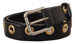 Dolce & Gabbana Black Leather Eyelet Silver Tone Metal Buckle Belt - 70 cm / 28 Inches - Belts