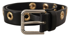 Dolce & Gabbana Black Leather Eyelet Silver Tone Metal Buckle Belt - 70 cm / 28 Inches - Belts