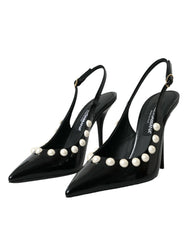 Dolce & Gabbana Black Leather Faux Pearl Heel Slingback Shoes - EU40/US9.5 - Heels