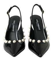 Dolce & Gabbana Black Leather Faux Pearl Heel Slingback Shoes - EU40/US9.5 - Heels