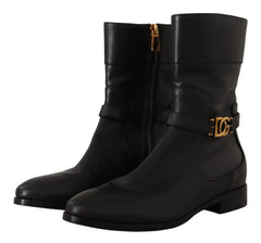 Dolce & Gabbana Black Leather Flats Logo Short Boots Shoes - EU36/US5.5