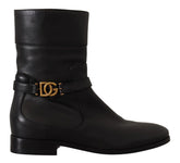 Dolce & Gabbana Black Leather Flats Logo Short Boots Shoes - EU36/US5.5