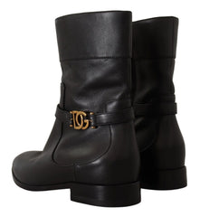 Dolce & Gabbana Black Leather Flats Logo Short Boots Shoes - EU36/US5.5