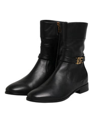 Dolce & Gabbana Black Leather Flats Logo Short Boots Shoes - EU37.5/US7 - Boots