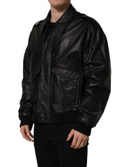 Dolce & Gabbana Black Leather Full Zip Men Biker Jacket - IT56 | XXL
