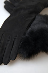 Dolce & Gabbana Black Leather Fur Elbow Length Gloves - 7|S - Gloves & Mittens