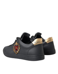 Dolce & Gabbana Black Leather Heart Embellished Sneakers Shoes - Sneakers