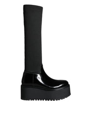 Dolce & Gabbana Black Leather Jersey Knee High Boots Shoes - EU39/US8.5 - Boots