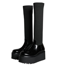 Dolce & Gabbana Black Leather Jersey Knee High Boots Shoes - EU39/US8.5 - Boots