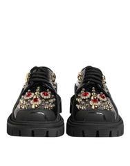 Dolce & Gabbana Black Leather Jeweled Crystals Derby Shoes - Flats