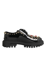Dolce & Gabbana Black Leather Jeweled Crystals Derby Shoes - Flats