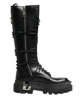 Dolce & Gabbana Black Leather Knee High Combat Boots Shoes - EU44/US11