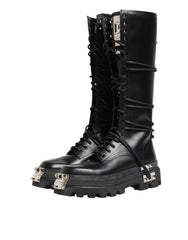 Dolce & Gabbana Black Leather Knee High Combat Boots Shoes - EU44/US11 - Boots