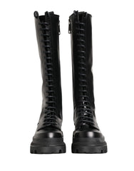 Dolce & Gabbana Black Leather Knee High Lace Up Boots Shoes - EU44/US11